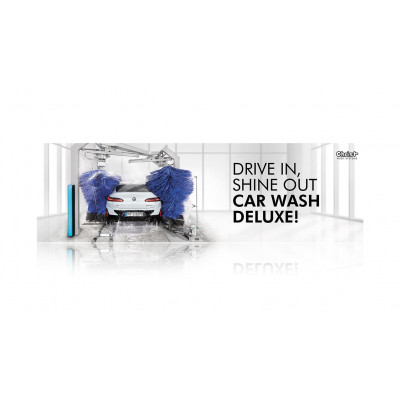 Bande de tension pour tunnel de lavage, ligne « Technique » : « DRIVE IN, SHINE OUT CAR WASH DELUXE! » 300 x 90 cm