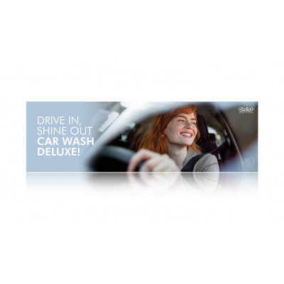 Bande de tension pour tunnel de lavage, ligne « People » : « DRIVE IN, SHINE OUT CAR WASH DELUXE! » 300 x 90 cm