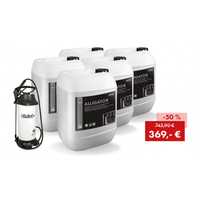 Pack promotionnel NEW ALLIGATOR : 5 bidons de 25 kg + pulvérisateur à pression CHRIST 3270PE, 10 litres