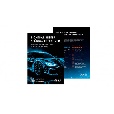 Prospectus publicitaire au format A5 destiné aux clients de la station de lavage, motif « ceramic formula » (voiture) – carton (250 exemplaires)