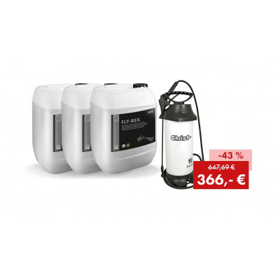 Pack promotionnel FLY-REX : 3 bidons de 25 kg + pulvérisateur à pression CHRIST 10 litres (alcalin)